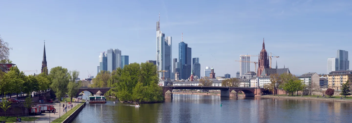 De Main, de Alte Brücke, de kathedraal en de skyline van Frankfurt bij daglicht